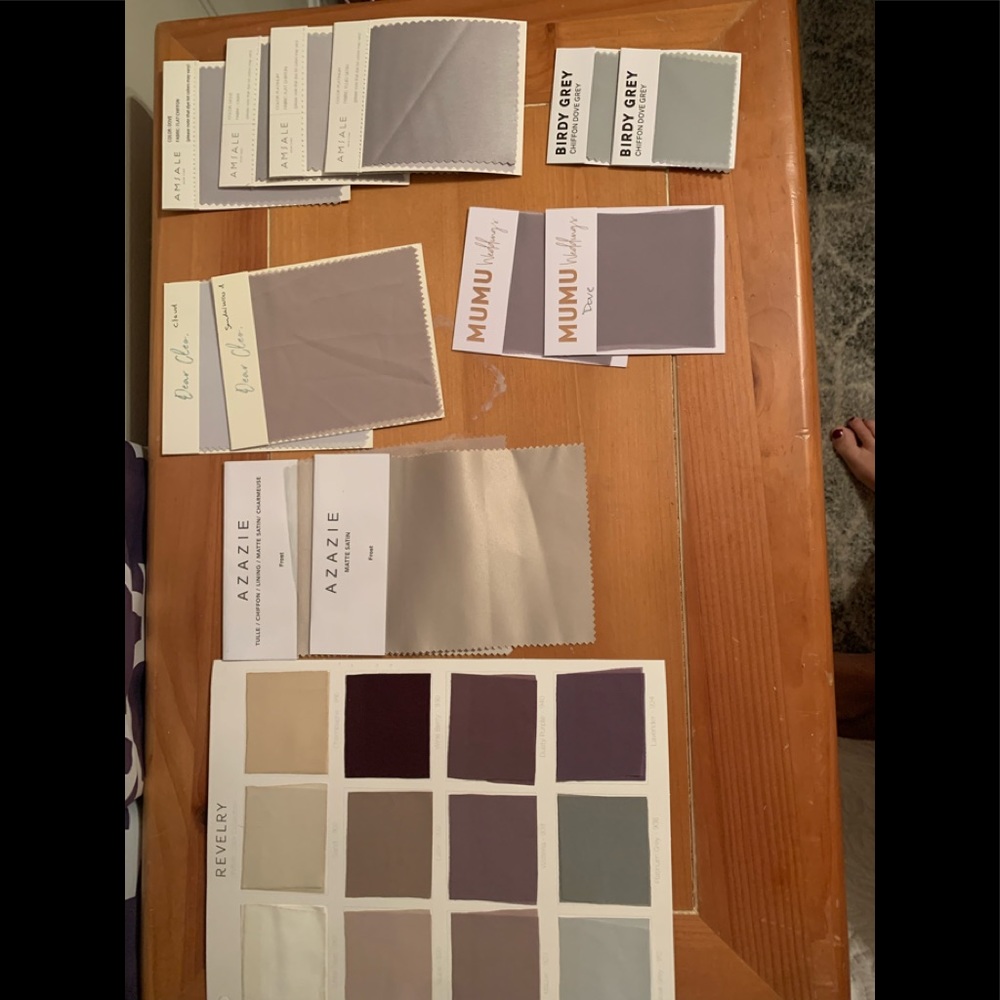 Various Bridesmaid swatches in beige and grey plus more